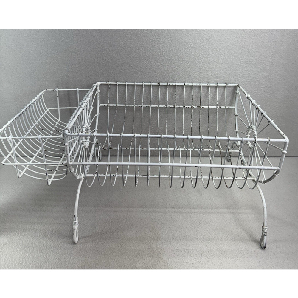 French Style Dish Rack White Wire Metal Farmhouse Counter Drying Rack VTG - Picture 9 of 13